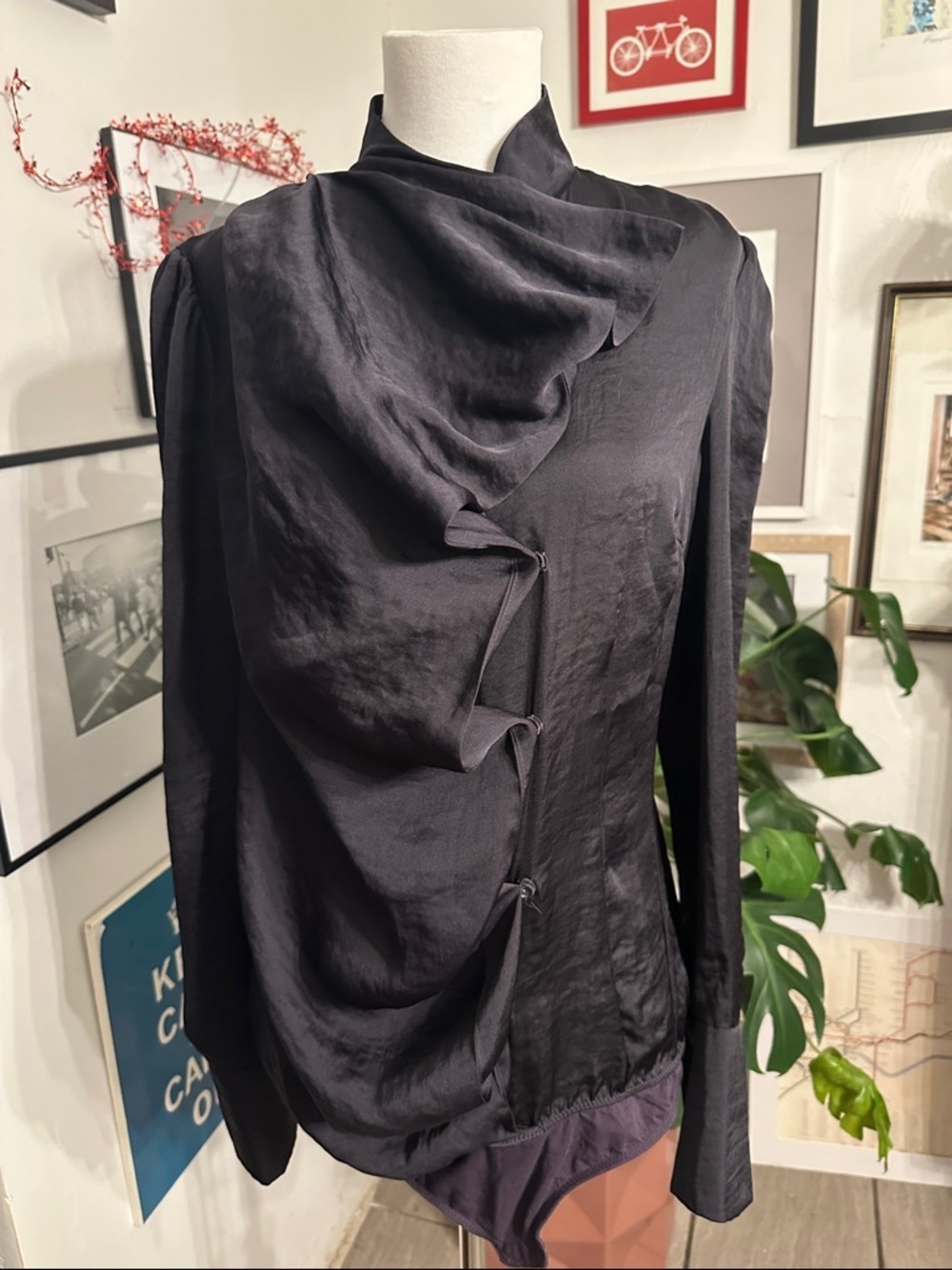 Sisley Dark purple Asymmetrical Drape Bodysuit Blouse Medium - tag cut